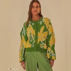 Farm Rio Green Foliage Sketch Knit Cardigan.Size Medium. New WITHOUT tags.